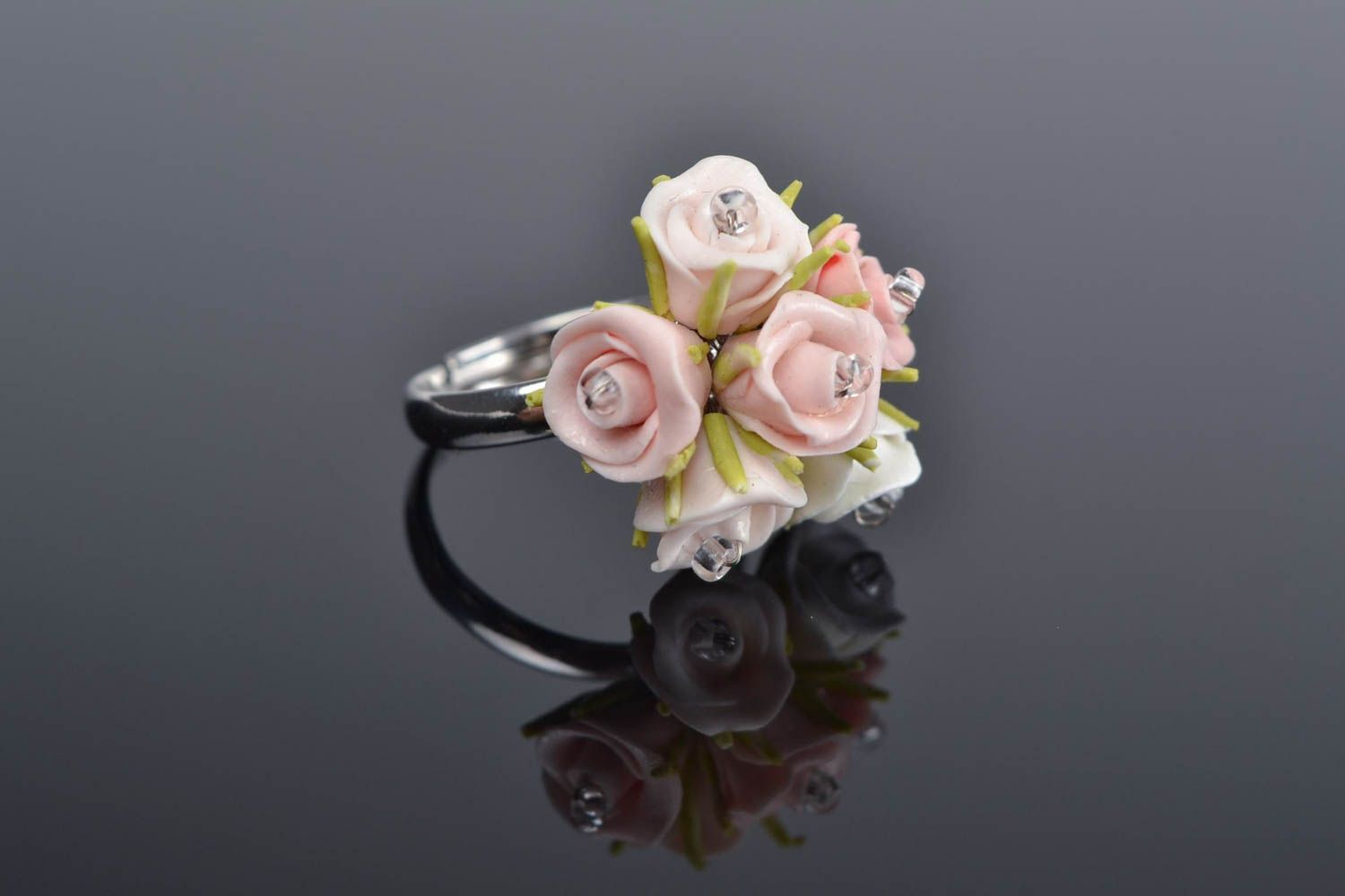 Handmade designer large volume polymer clay floral ring on metal basis photo 1