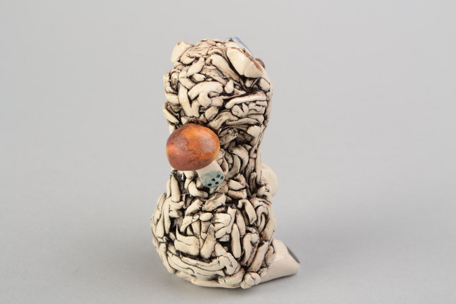 Handmade decorative miniature ceramic figurine of hedgehog with mushroom photo 5