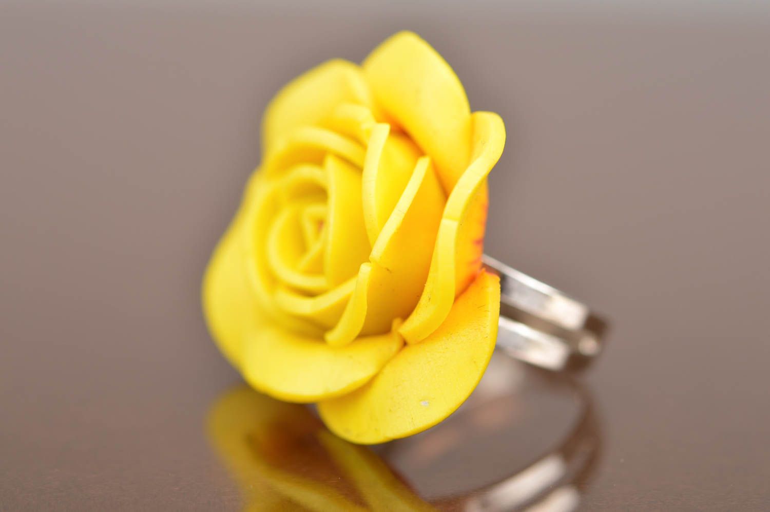 Handmade designer ring made of polymer clay in shape of volume yellow rose photo 4