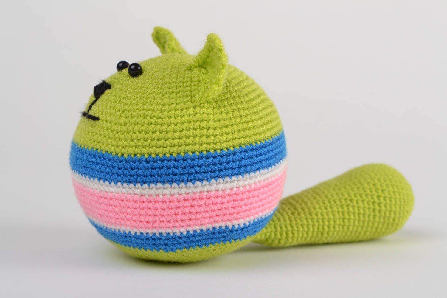 Handmade anti-stress soft toy crocheted of acrylic threads ball shaped green cat photo 4