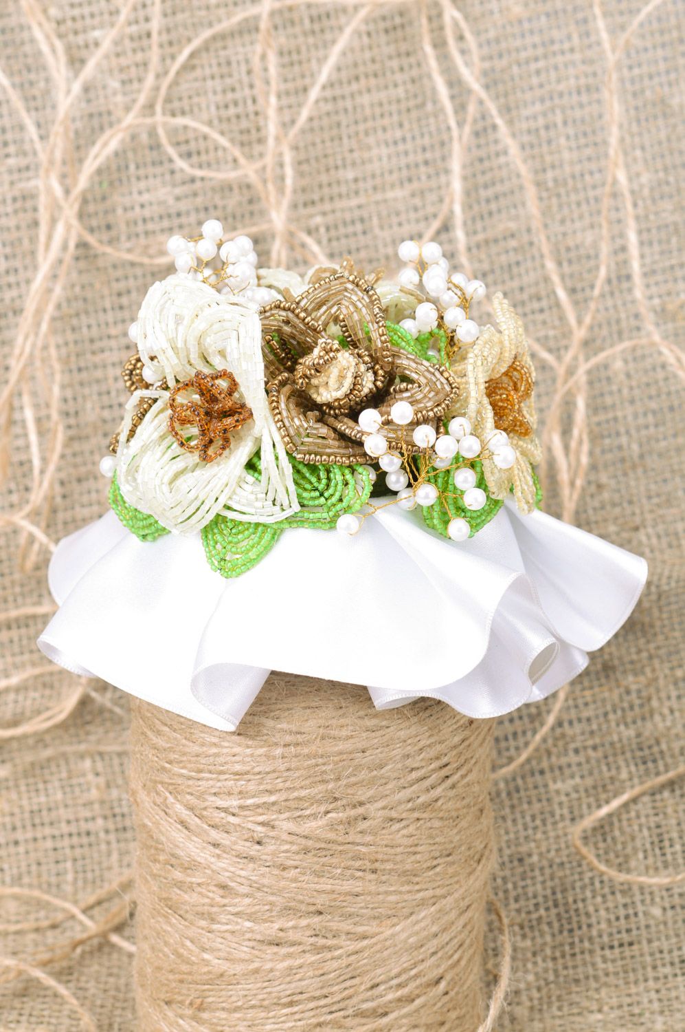Handmade decorative artificial beaded wedding bouquet with holder photo 1