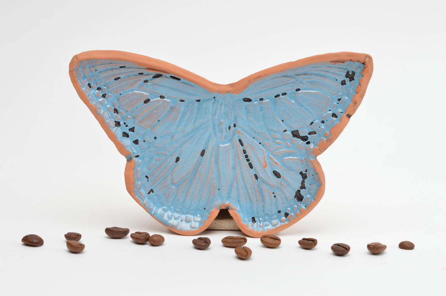 Dekorativer Teller aus Ton Schmetterling blau schön künstlerische Handarbeit foto 1