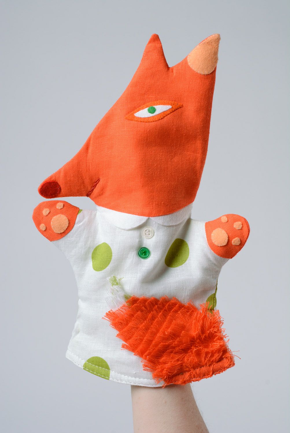 Handmade funny hand puppet sewn of linen and coarse calico orange fox for kids photo 3