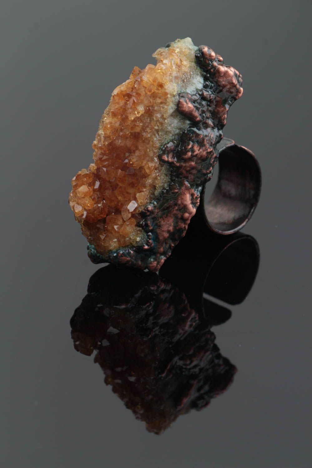 Massive handmade copper ring with citrine natural stone open type basis photo 1