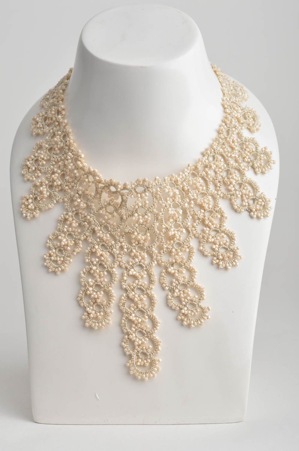 Handmade beautiful beige woven textile tatting necklace with beads photo 3