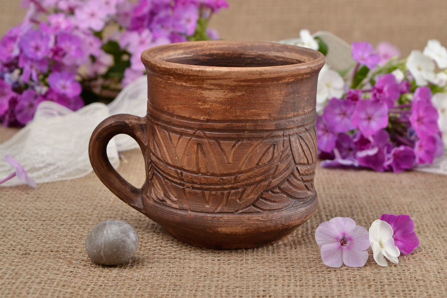 8 oz ceramic cup décor with handle and rustic pattern photo 1