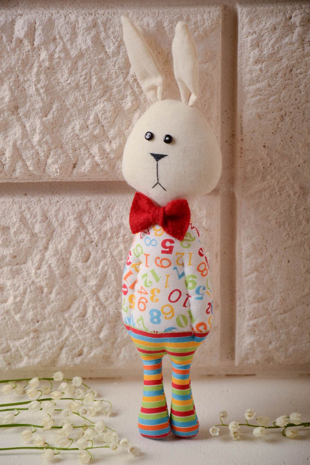 Handmade small cotton soft toy rabbit boy in striped trousers with red bow tie photo 1
