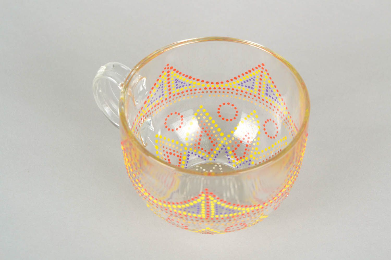 Clear glass8 oz tea cup with handle and red, yellow dot pattern photo 5