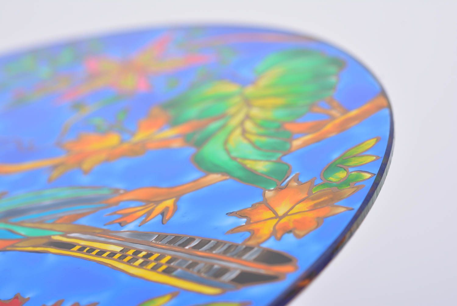 Декоративная тарелка из стекла расписанная витражными красками хэндмэйд Экзотика фото 4