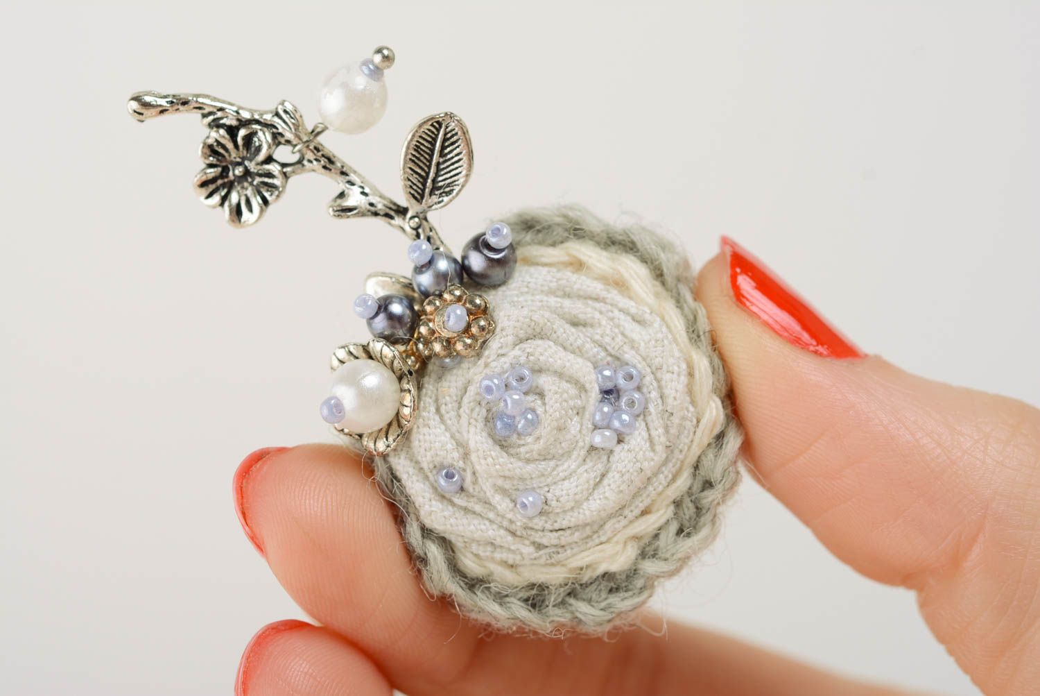Handmade tender light crochet designer brooch with seed beads and metal charm photo 3