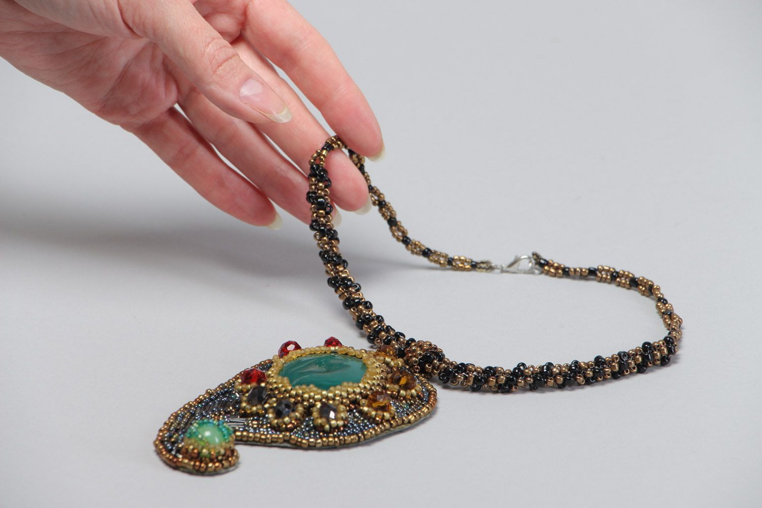 Handmade beaded pendant with natural nephrite for women Turkish Cucumber photo 5