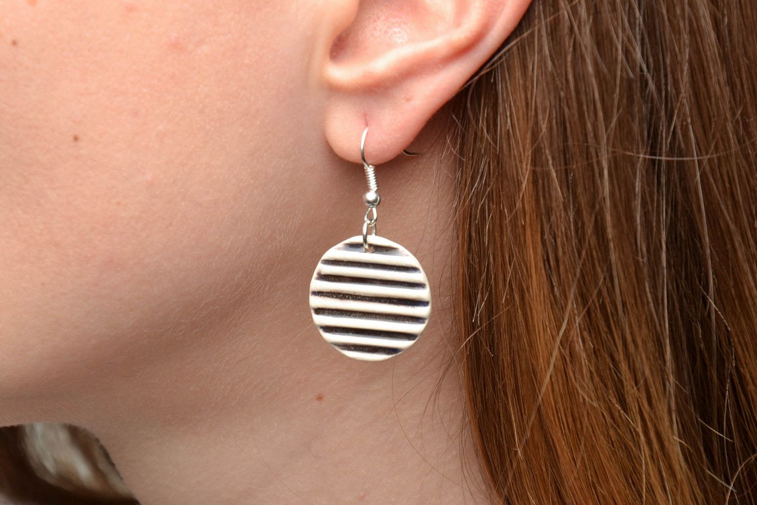 Striped round clay earrings painted with color enamels photo 5