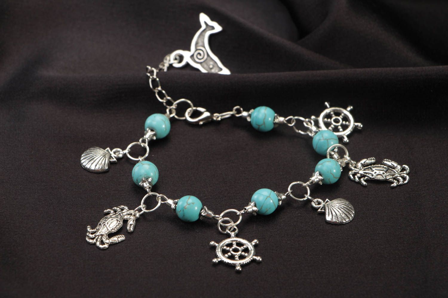 Handmade turquoise bracelet unusual accessory with metal charms cute jewelry photo 1