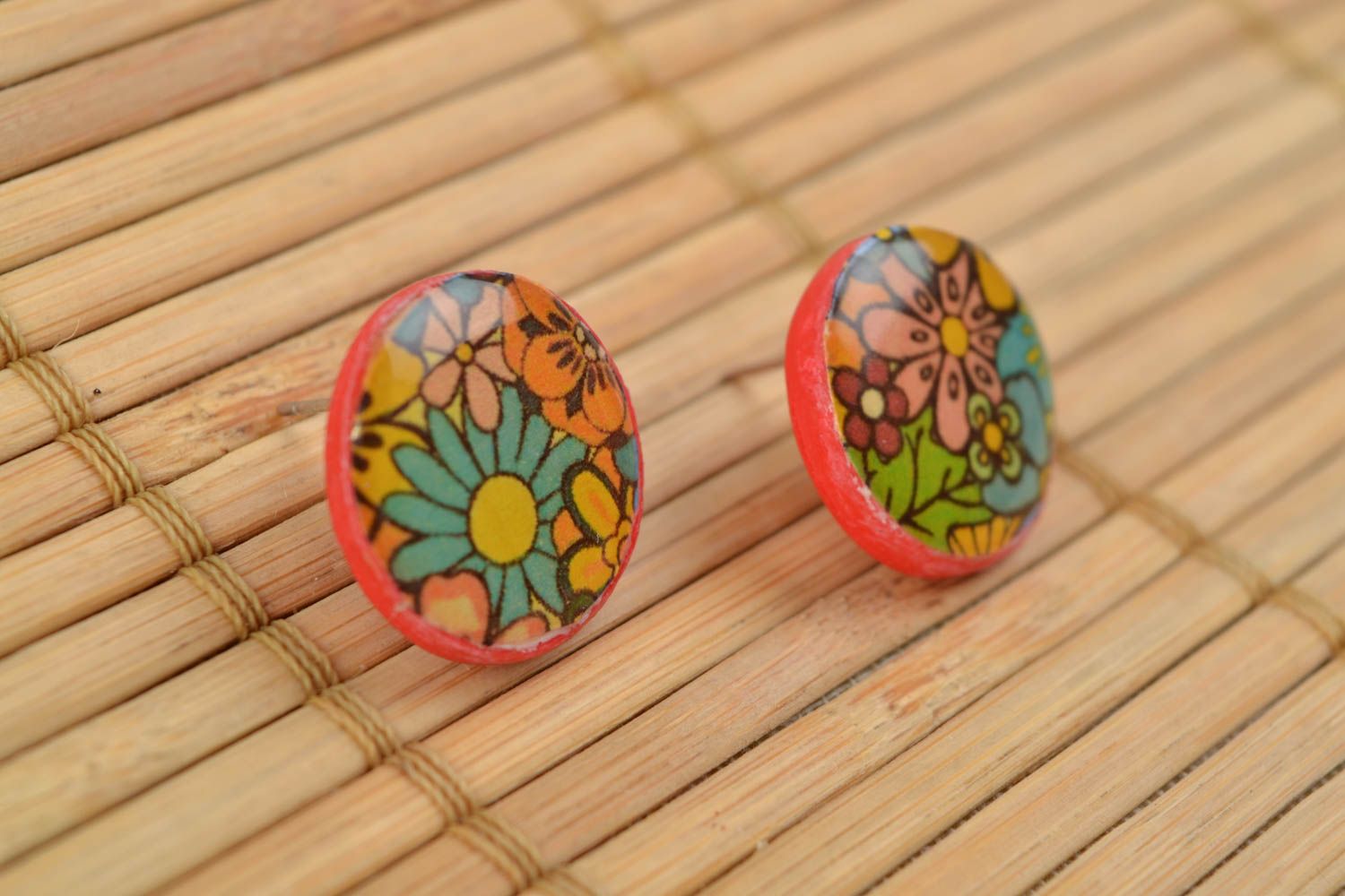 Round earrings made of polymer clay using decoupage technique stylish accessory photo 3