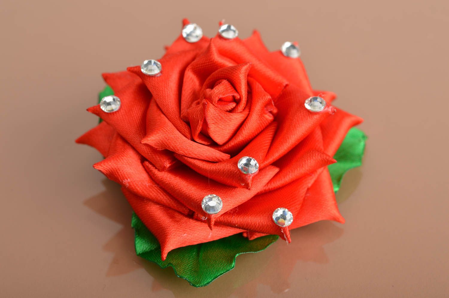Handmade designer hair tie with red ribbon rose flower with rhinestones photo 1