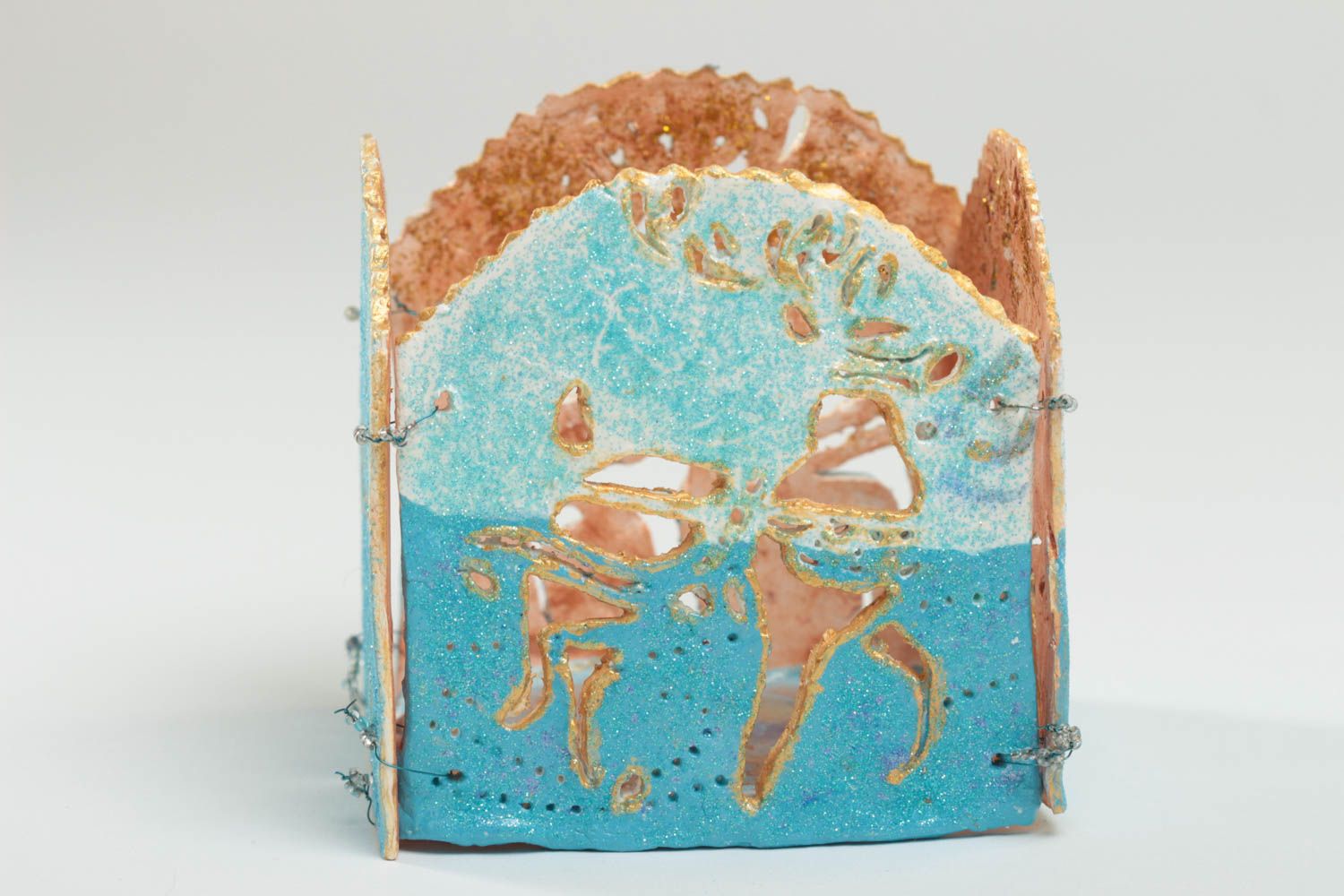 Bougeoir en argile polymère fait main décoratif pour intérieur peint bleu photo 4