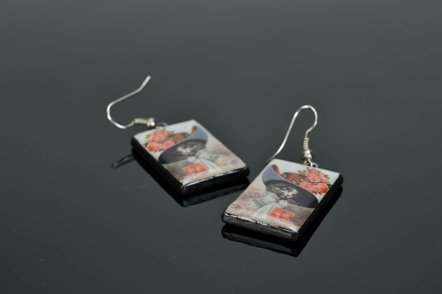 Polymer clay earrings with cats photo 1