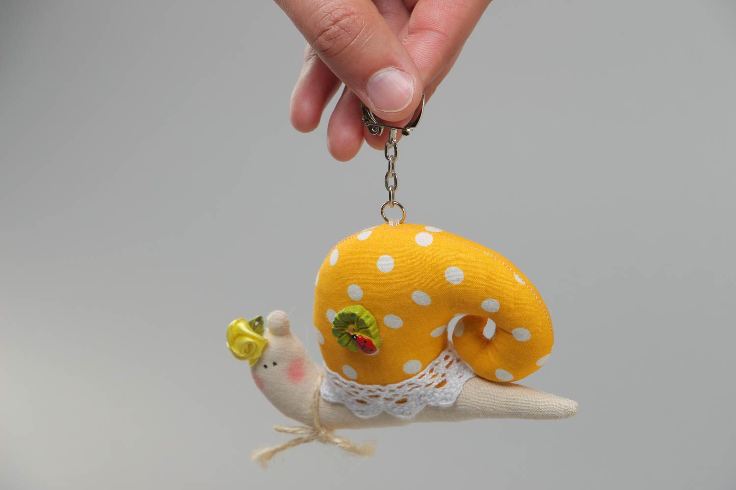 Soft fabric toy keychain handmade yellow snail with lace good present for children photo 5