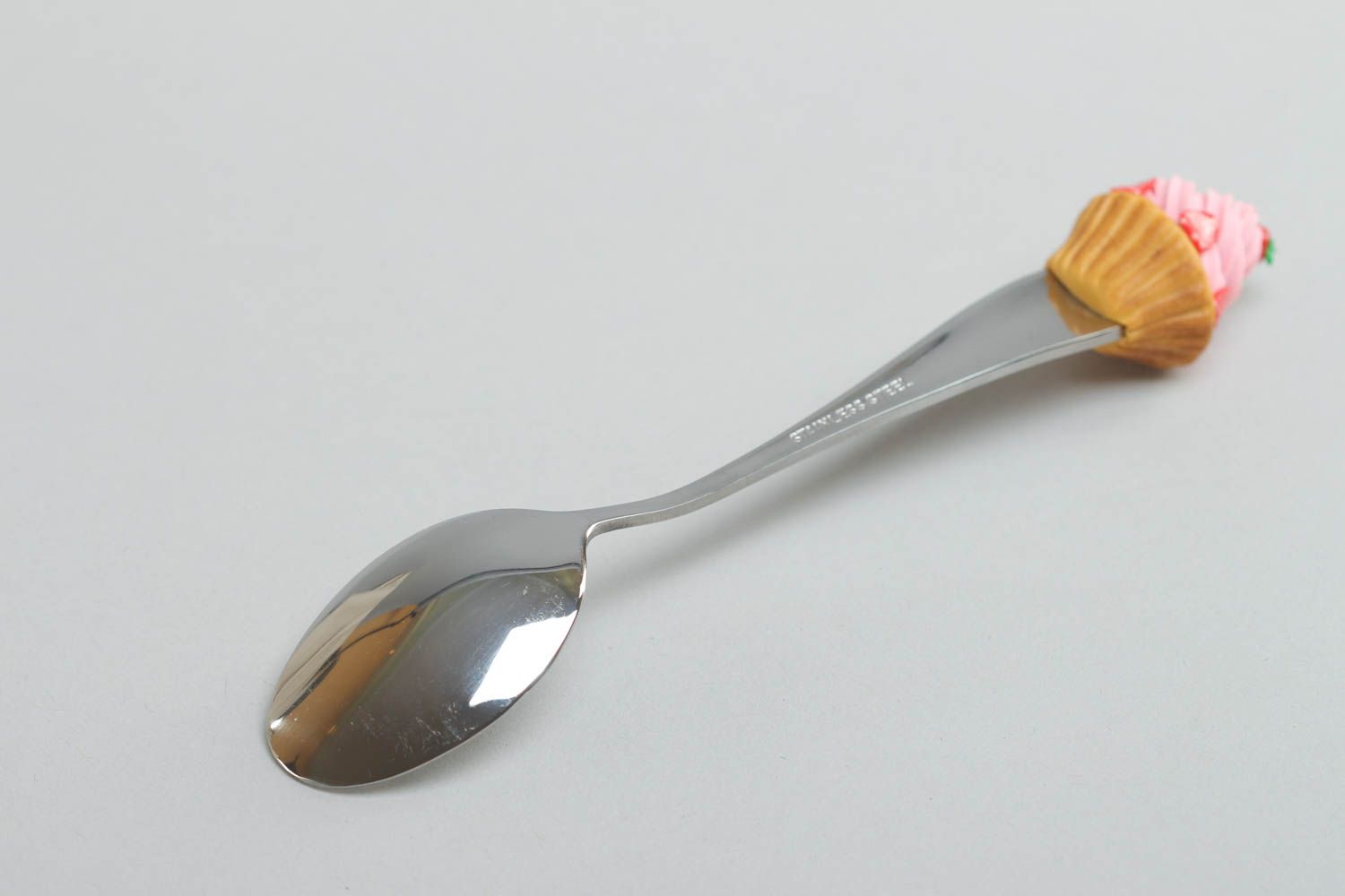 Handmade dessert spoon with handle decorated with small bright polymer clay cake  photo 3