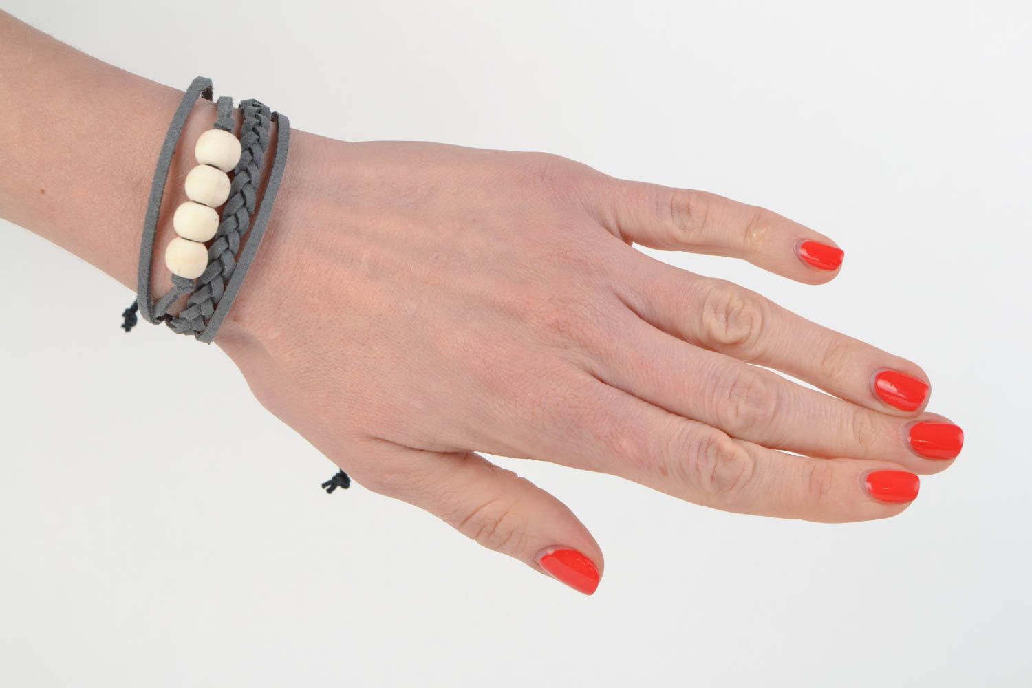 Beautiful designer handmade women's woven suede cord bracelet with beads photo 2