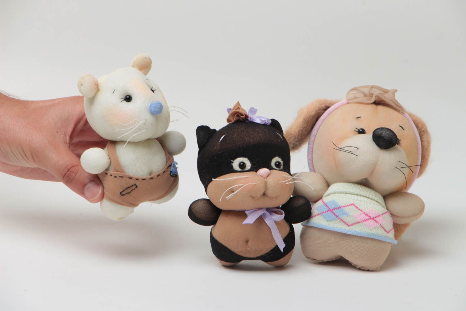 Set of 3 handmade designer small soft toys sewn of nylon dog cat and mouse photo 5