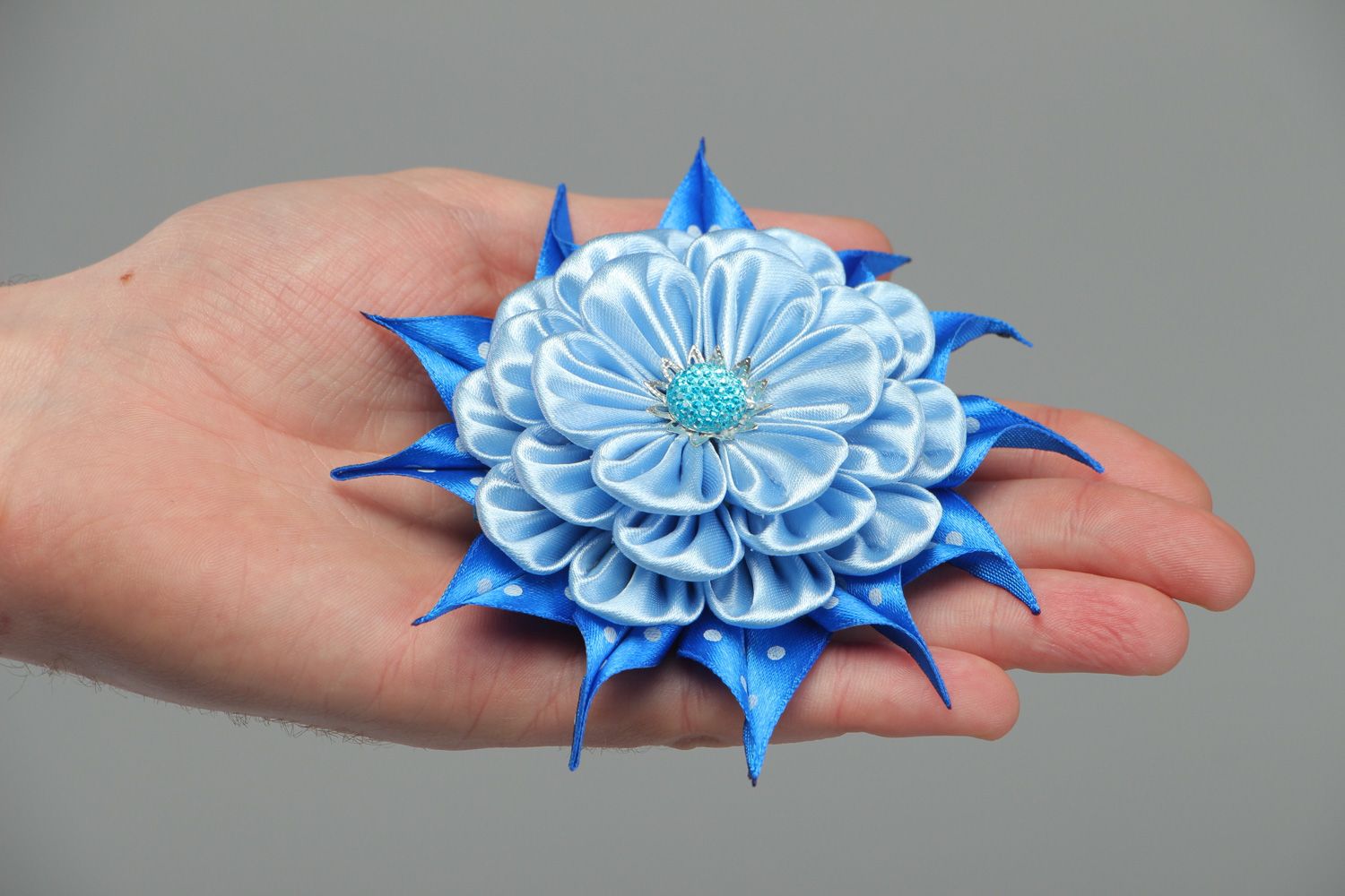 Handmade round hair clip with kanzashi satin ribbon blue flower with rhinestones photo 4