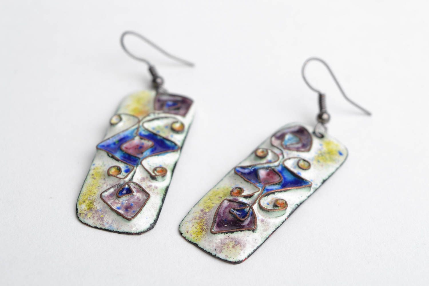 Handmade long rectangular copper earrings with enamel painting Violet Buds photo 4
