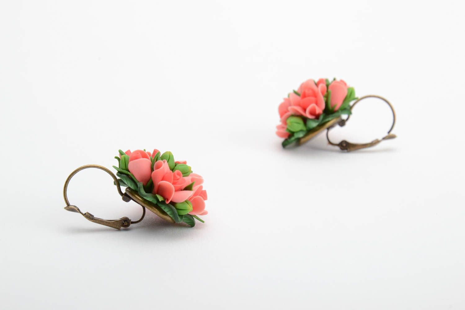 Handmade designer festive earrings with pink polymer clay floral balls photo 5