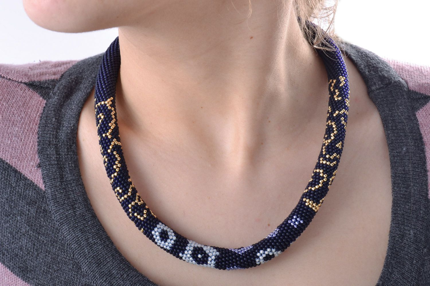 Handmade cord necklace with Czech beads of blue color with gold patterns photo 5