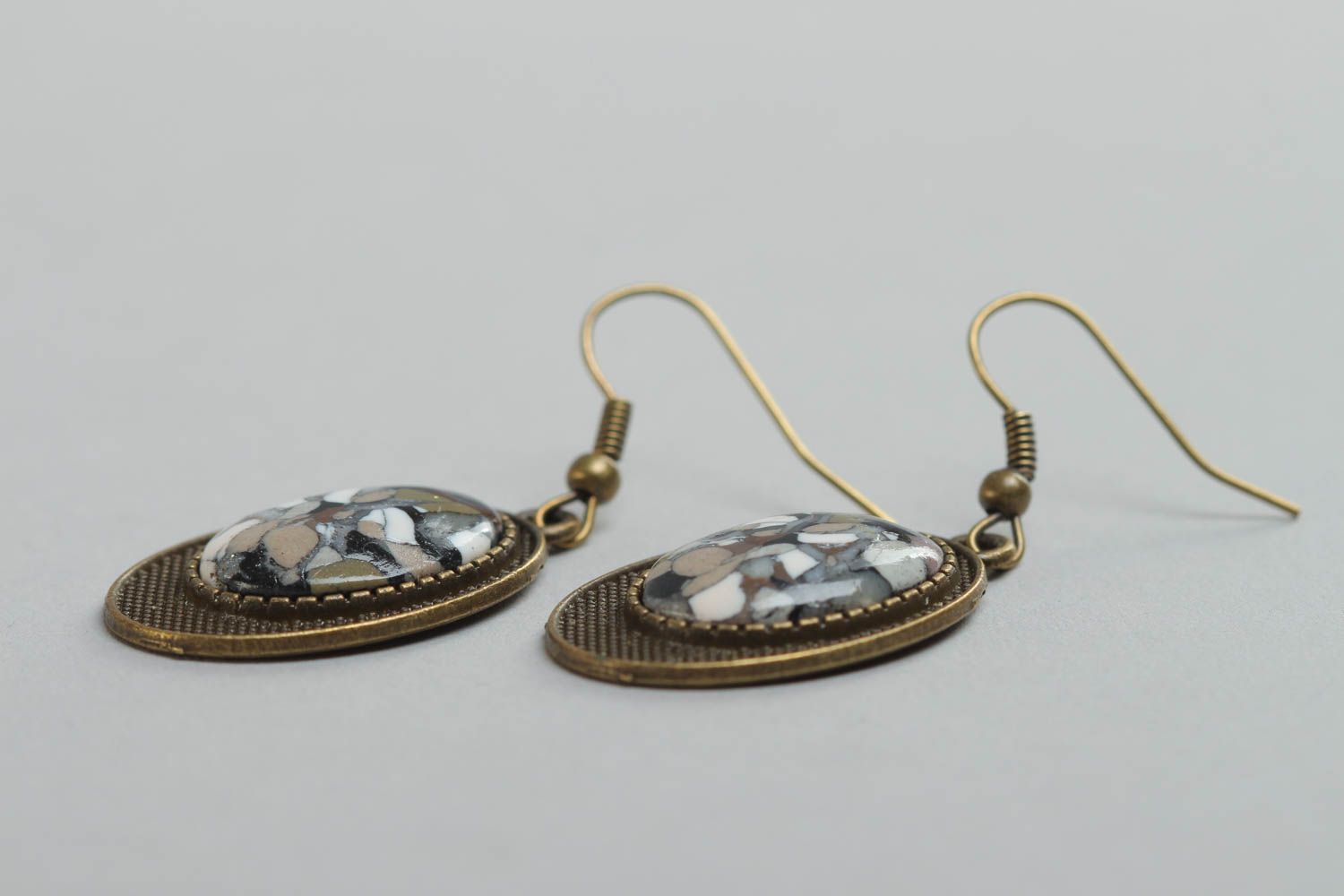 Handmade dark oval polymer clay and metal earrings coated with glass glaze photo 3