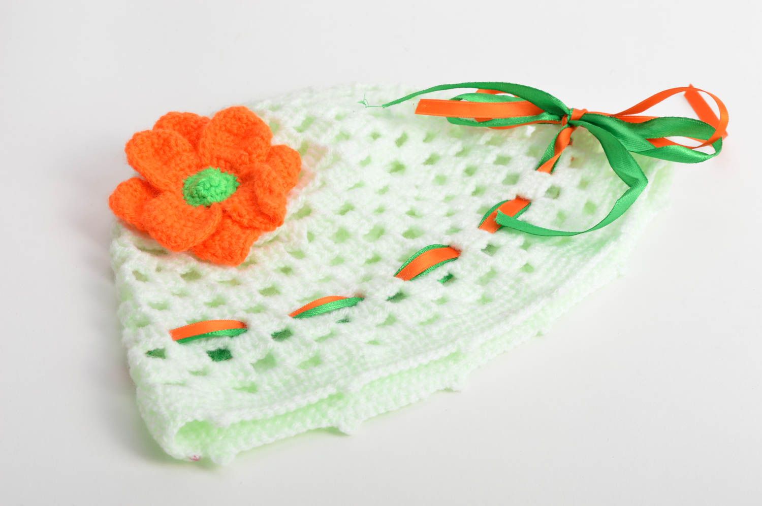 Handmade hat for girls crocheted of lime threads decorated with knitted flower photo 3