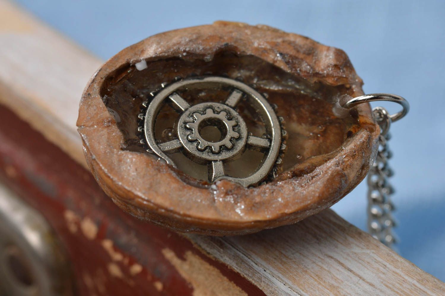 Handmade cute luminous unusual pendant made of nut with pinion on chain photo 4