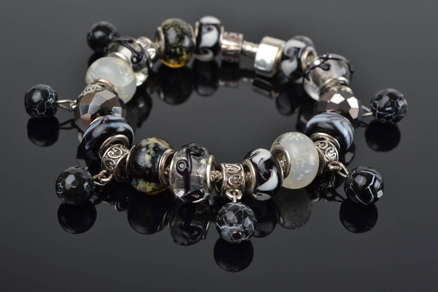 Handmade black and white glass and agate beads wrist bracelet designer women's  photo 1