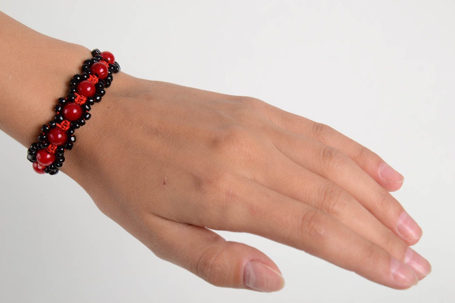 Strand Shambala bracelet on red cord with red and black beads for girls photo 3