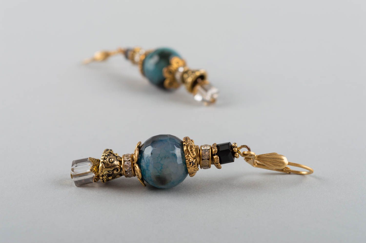 Handmade natural stones earrings brass earrings with agate and crystal photo 5