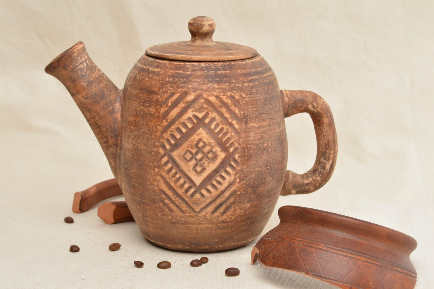 Керамический чайник ручной работы с узорами в этническом стиле авторский фото 1