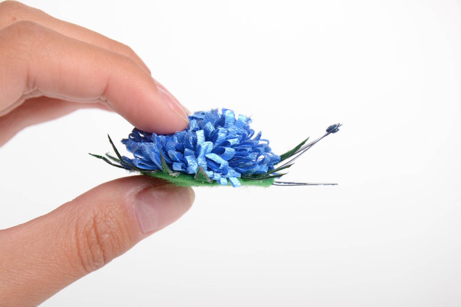 Pince à cheveux fleur bleue en rubans et tissu polaire faite main design photo 2
