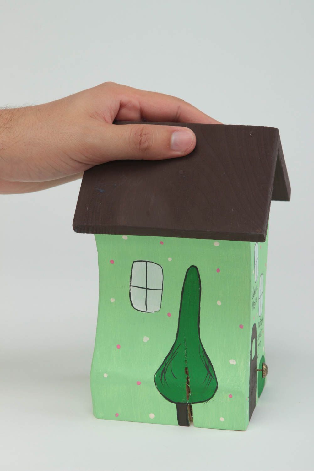 Maisonnette en bois Petite statuette verte fait main design Déco intérieur photo 5