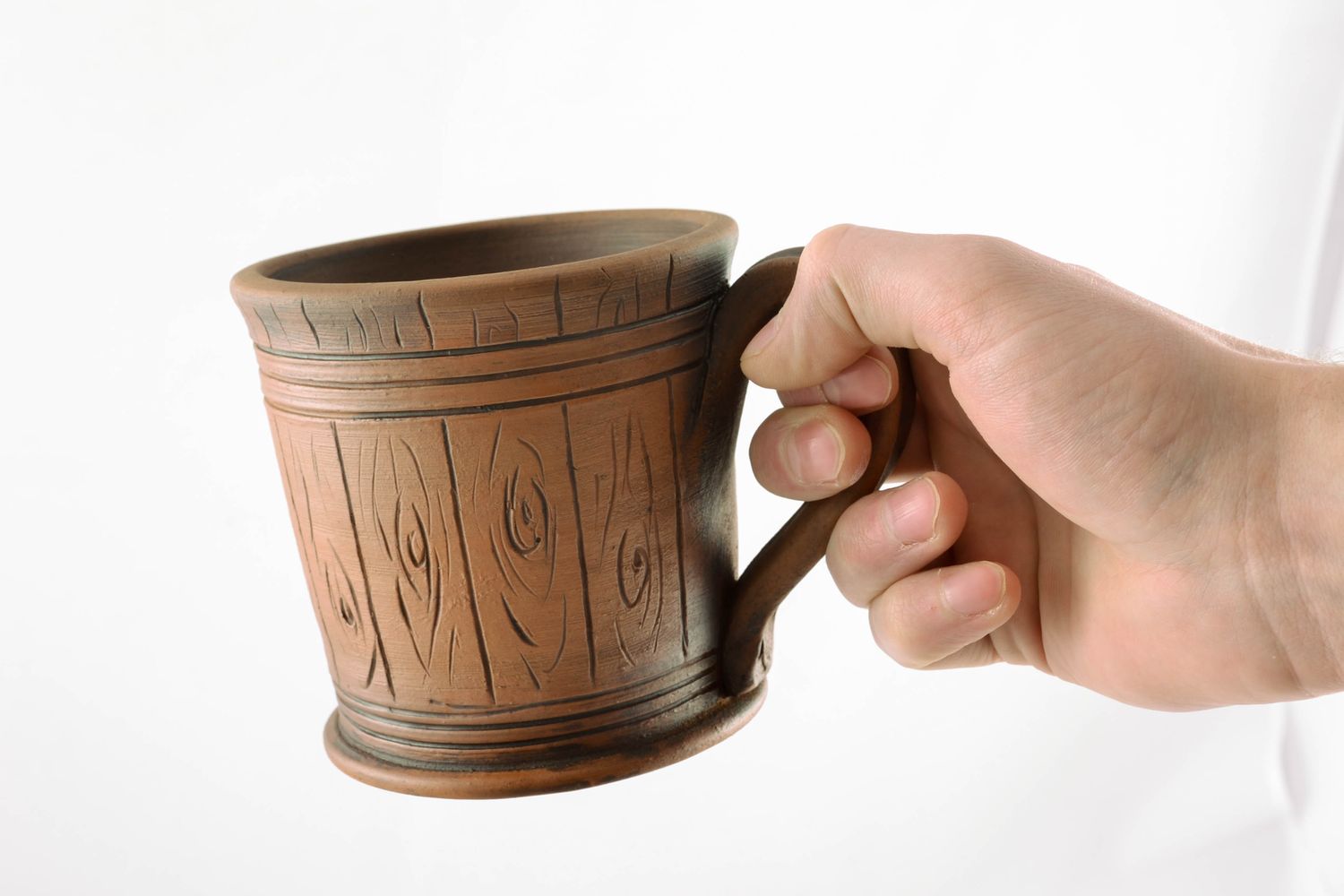 XXL 25 oz clay glazed cup with handle and pattern in a wooden style photo 1