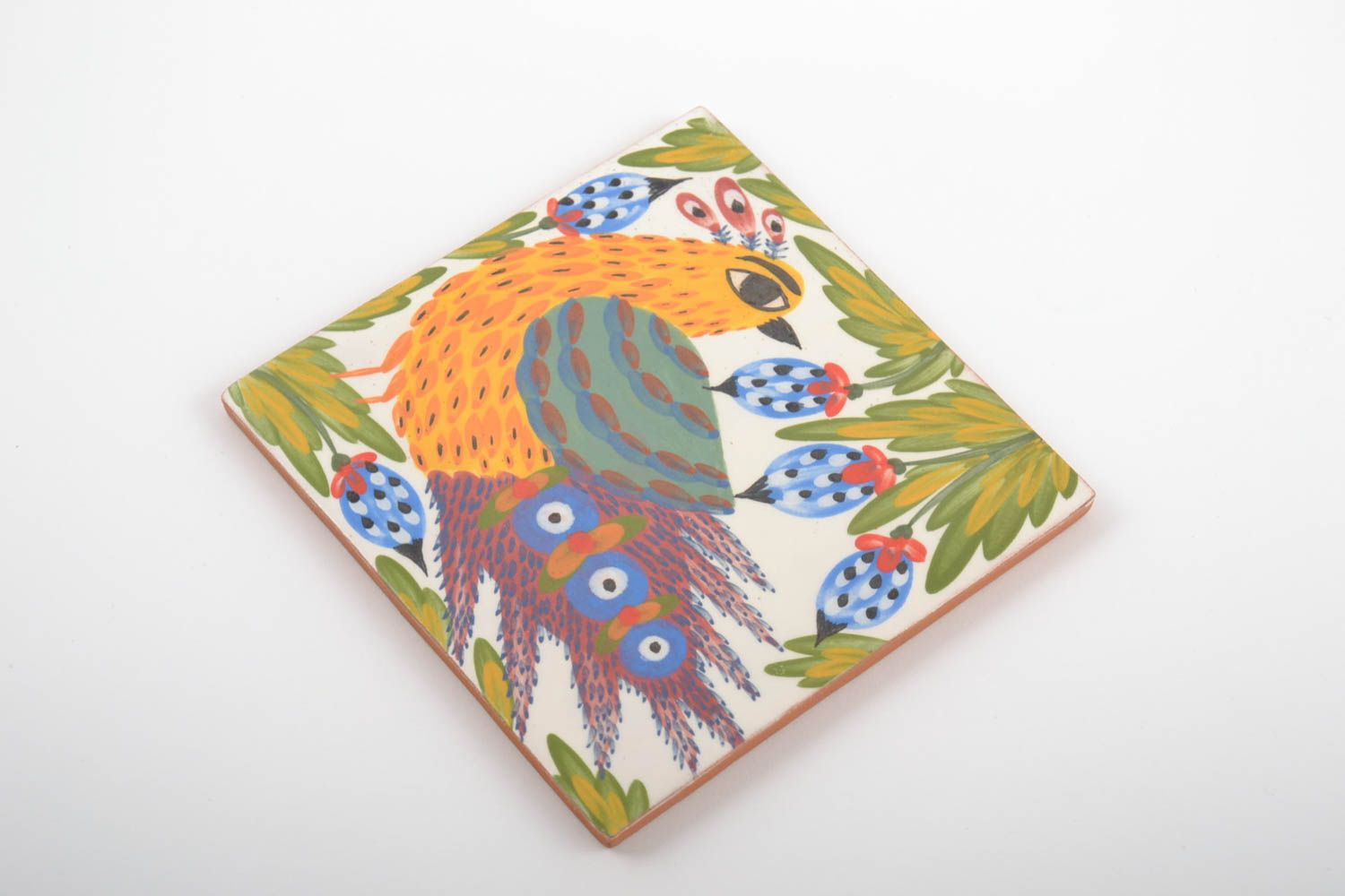 Quadratische handgemachte dekorative Wandplatte aus Ton Vogel bemalt bunt foto 4