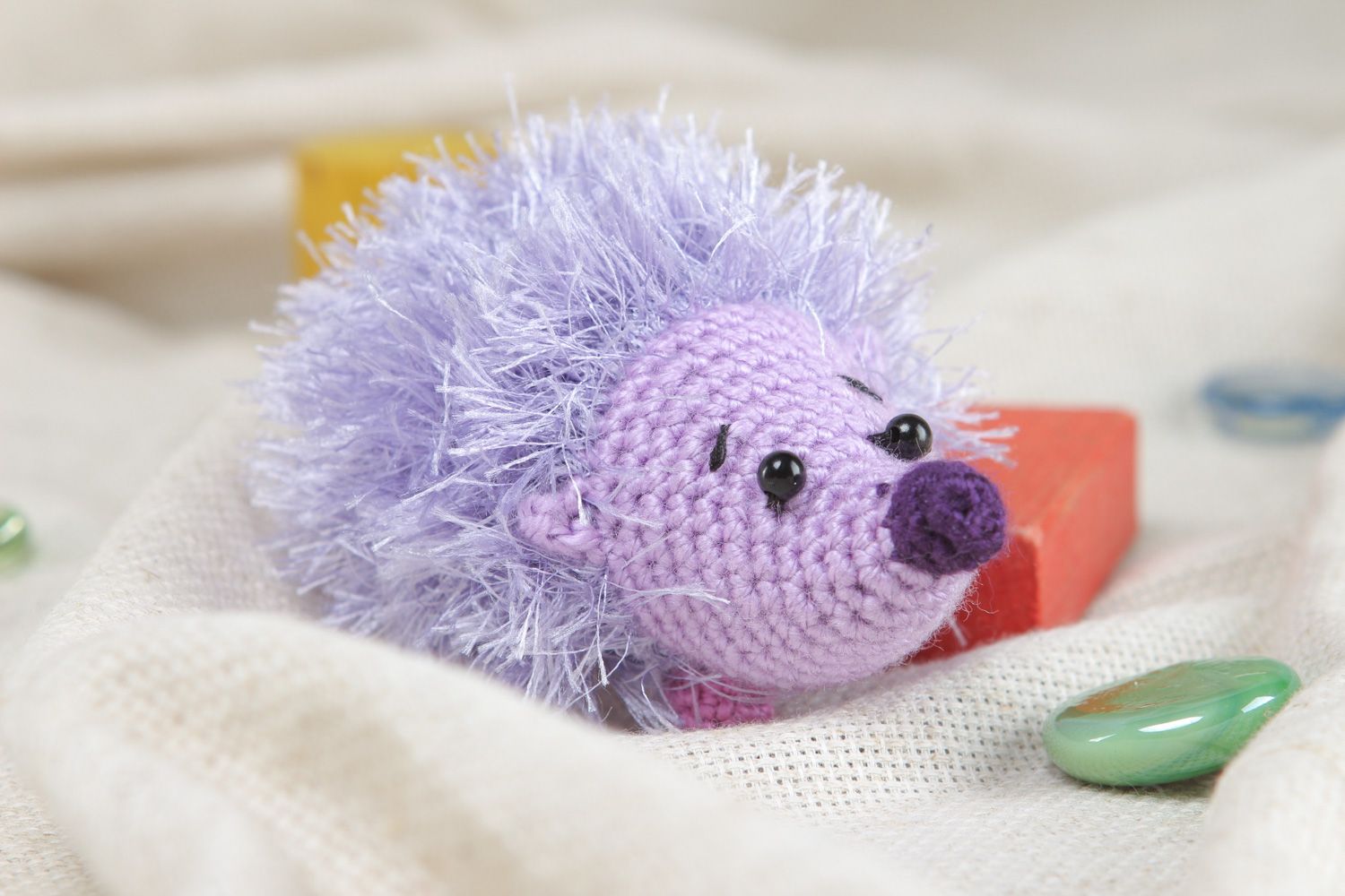 Handmade designer soft toy crocheted of acrylic threads violet hedgehog for kids photo 5