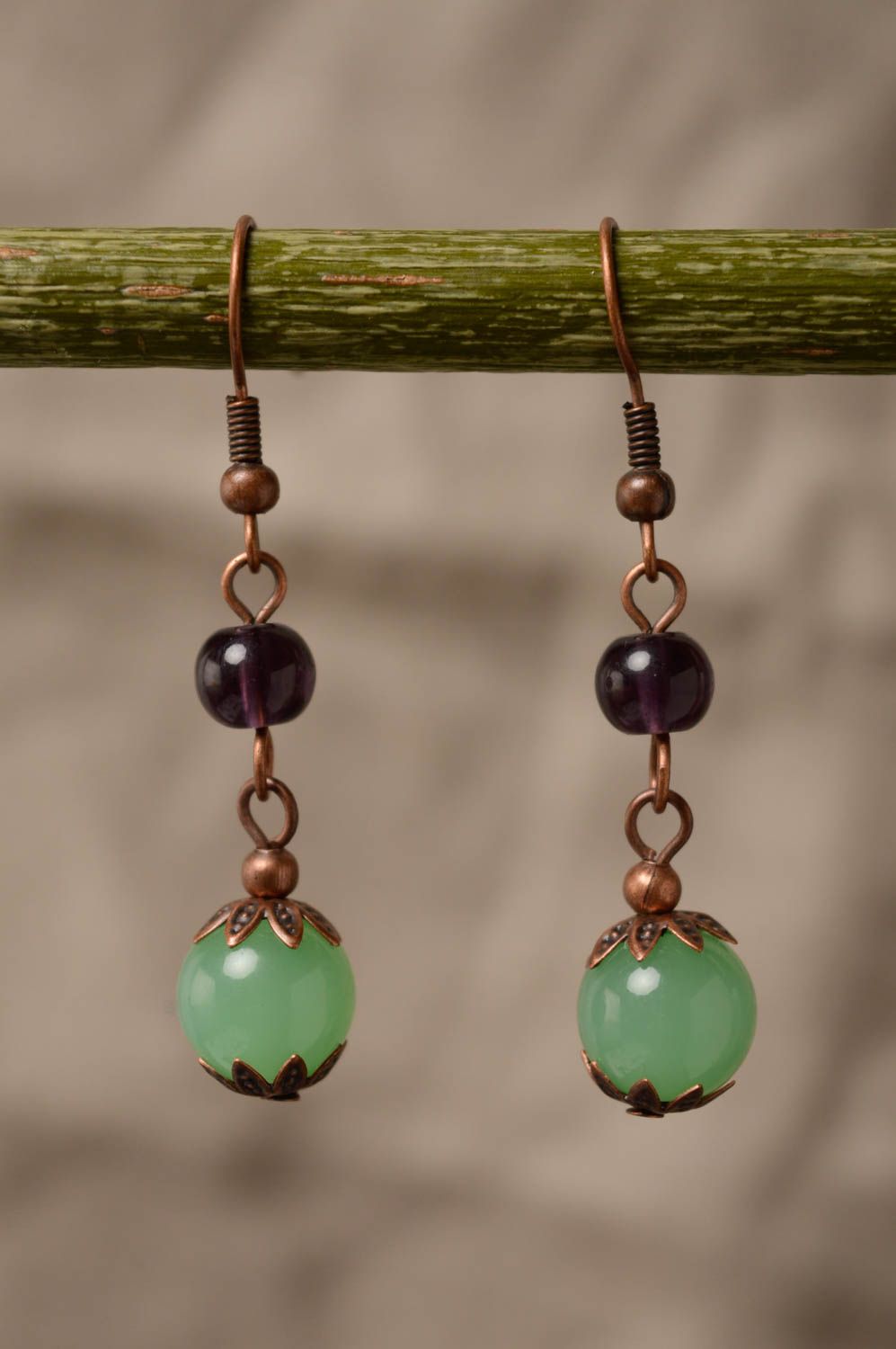 Long copper earrings with onyx photo 3