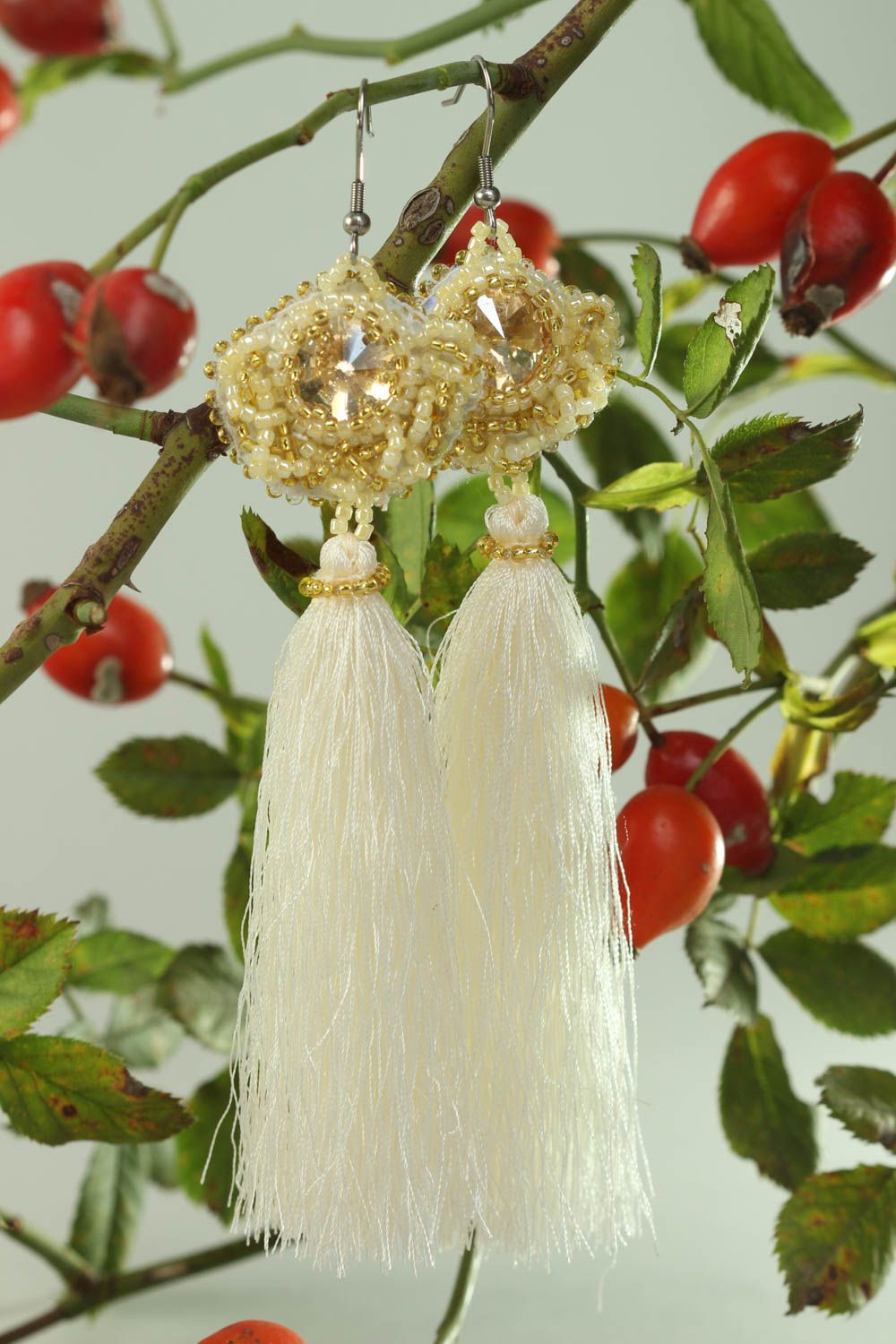 Handmade unusual cute earrings textile beaded earrings designer accessory photo 1