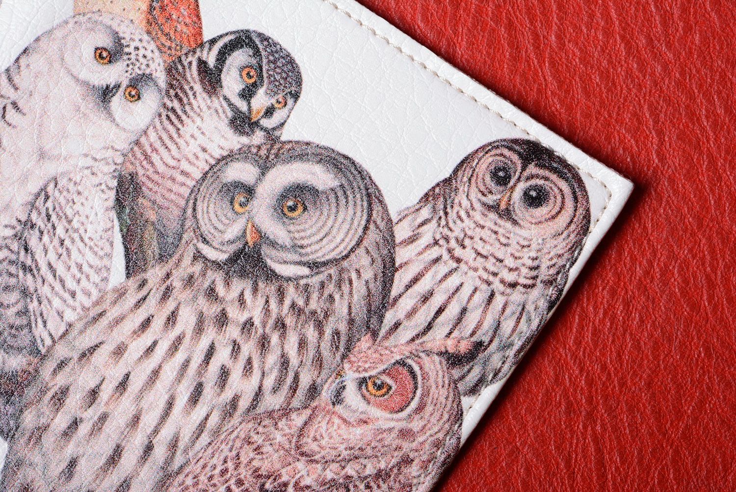 Handmade genuine leather passport cover with print Owls photo 4