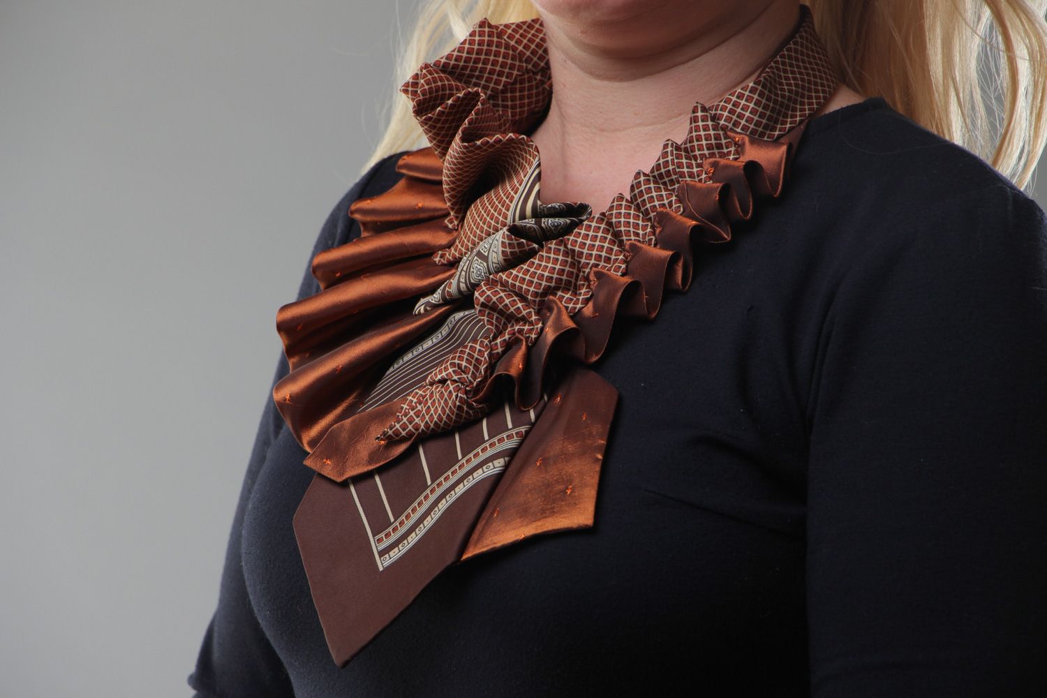 Handmade brown decorative detachable collar sewn of silk and satin neck ties  photo 5