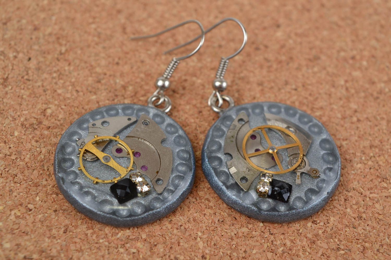 Beautiful handmade designer polymer clay round earrings in steampunk style photo 1