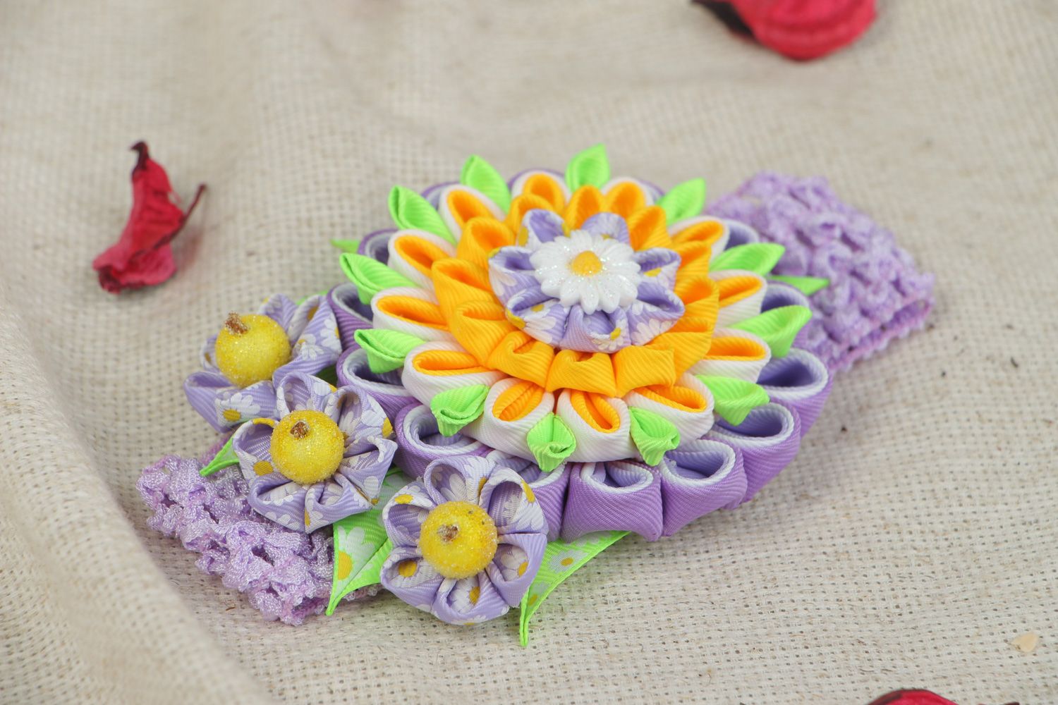 Stylish colorful handmade headband with kanzashi flower made of rep ribbons  photo 5