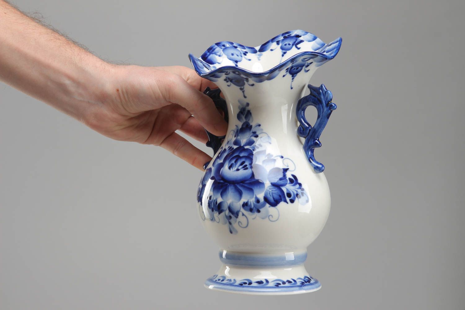 9 inches white&blue porcelain vase with 2 handles Gzhel vase 1,5 lb photo 4