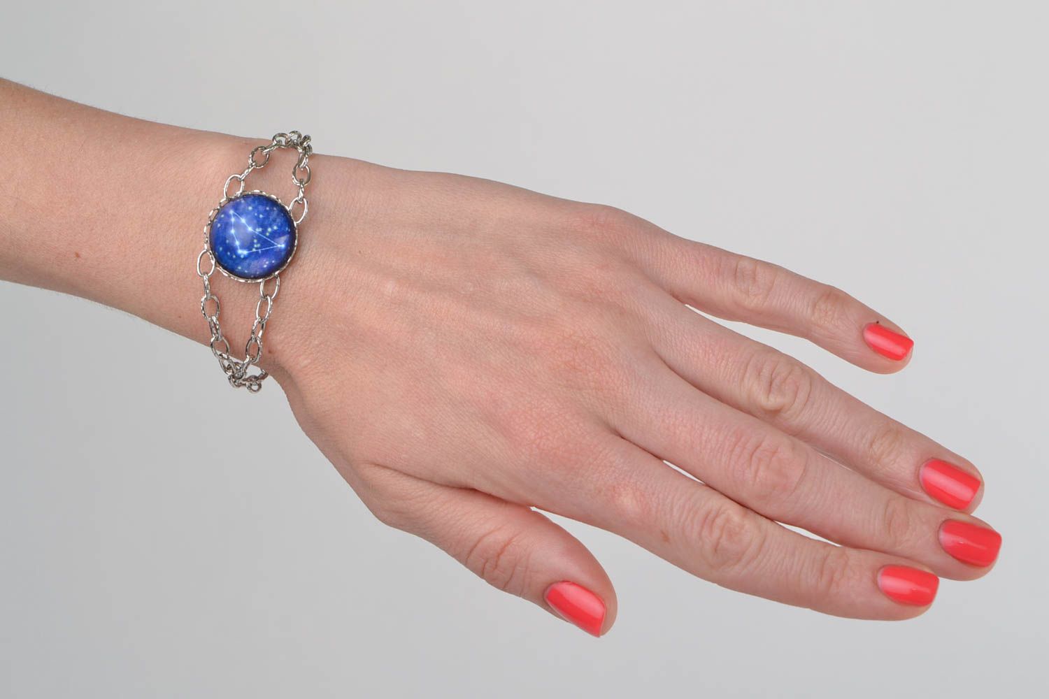 Metal designer handmade bracelet with glass cabochon and zodiac sign Capricorn  photo 1