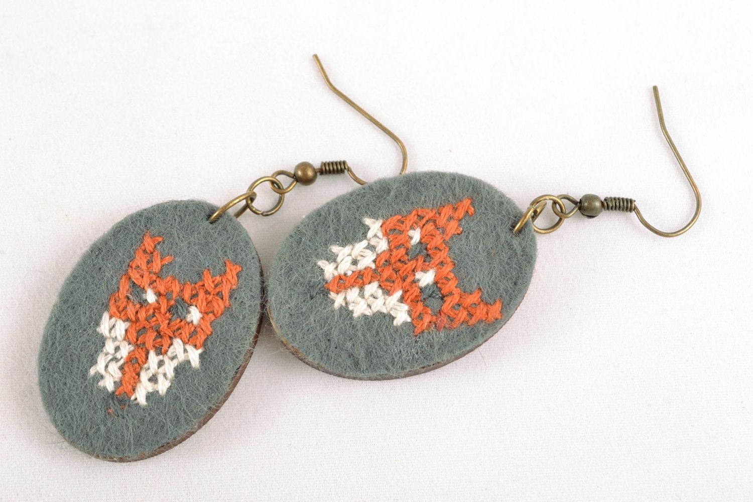 Handmade wooden earrings with embroidery Fox photo 3